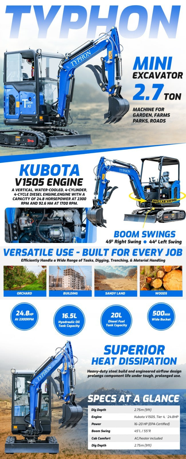 TYPHON TERROR X2 Mini Excavator 2.7 Ton Trench Digger EPA Diesel Kubota V1505