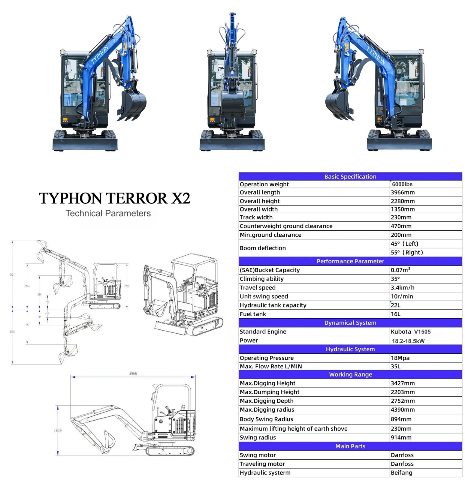 TYPHON TERROR X2 Mini Excavator 2.7 Ton Trench Digger EPA Diesel Kubota V1505