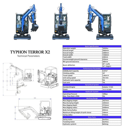 TYPHON TERROR X2 Mini Excavator 2.7 Ton Trench Digger EPA Diesel Kubota V1505